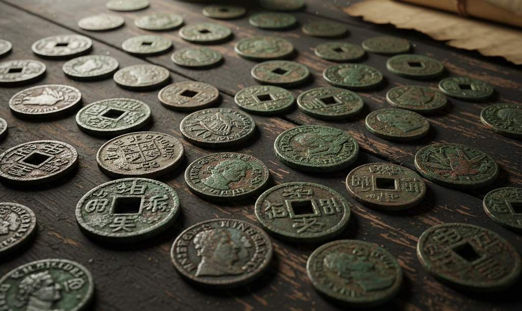 Old European and Asian coins with rich patina