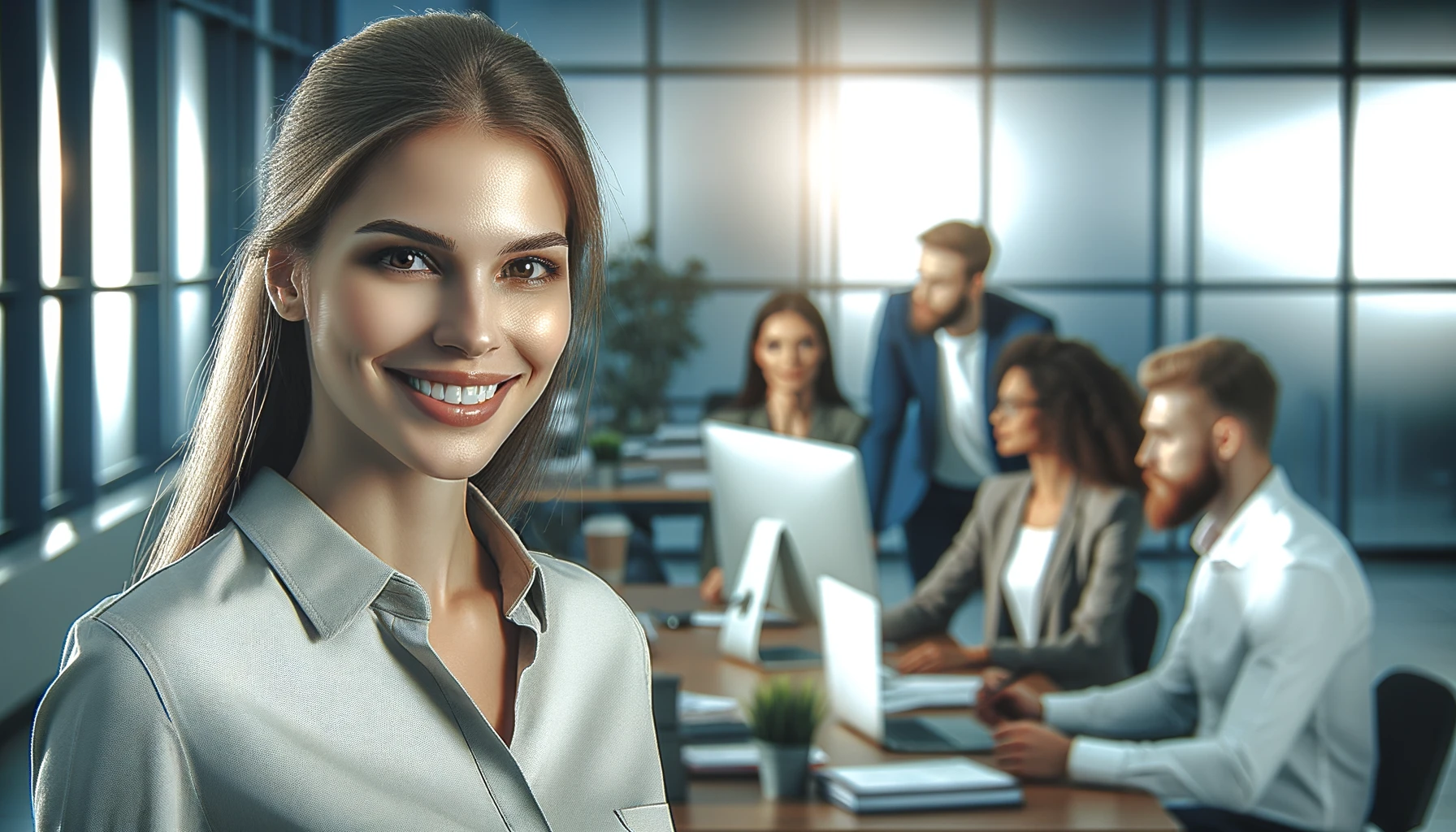 female employee smiling in the office, with her colleagues in the background.