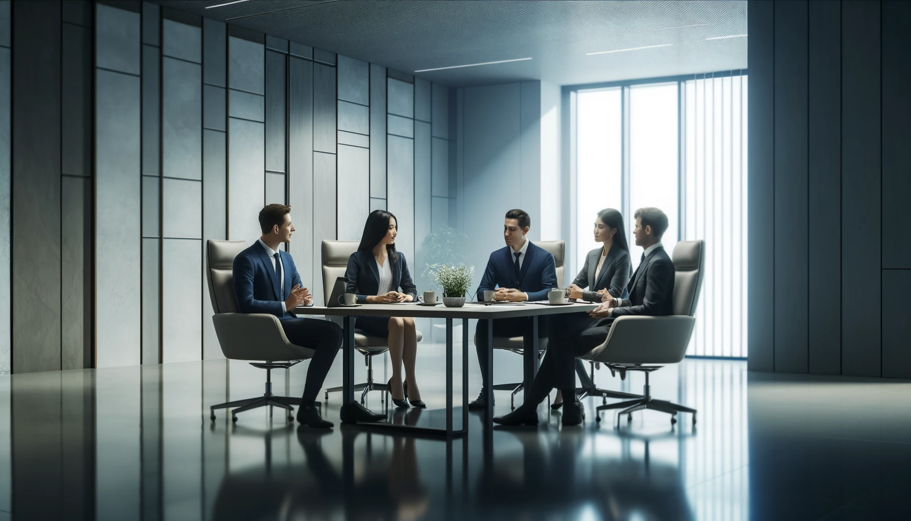 a group of 4 business people sitting together and talking in a meeting