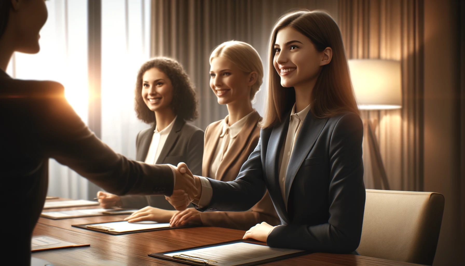 cheerful businesswomen shaking hands in a meeting room