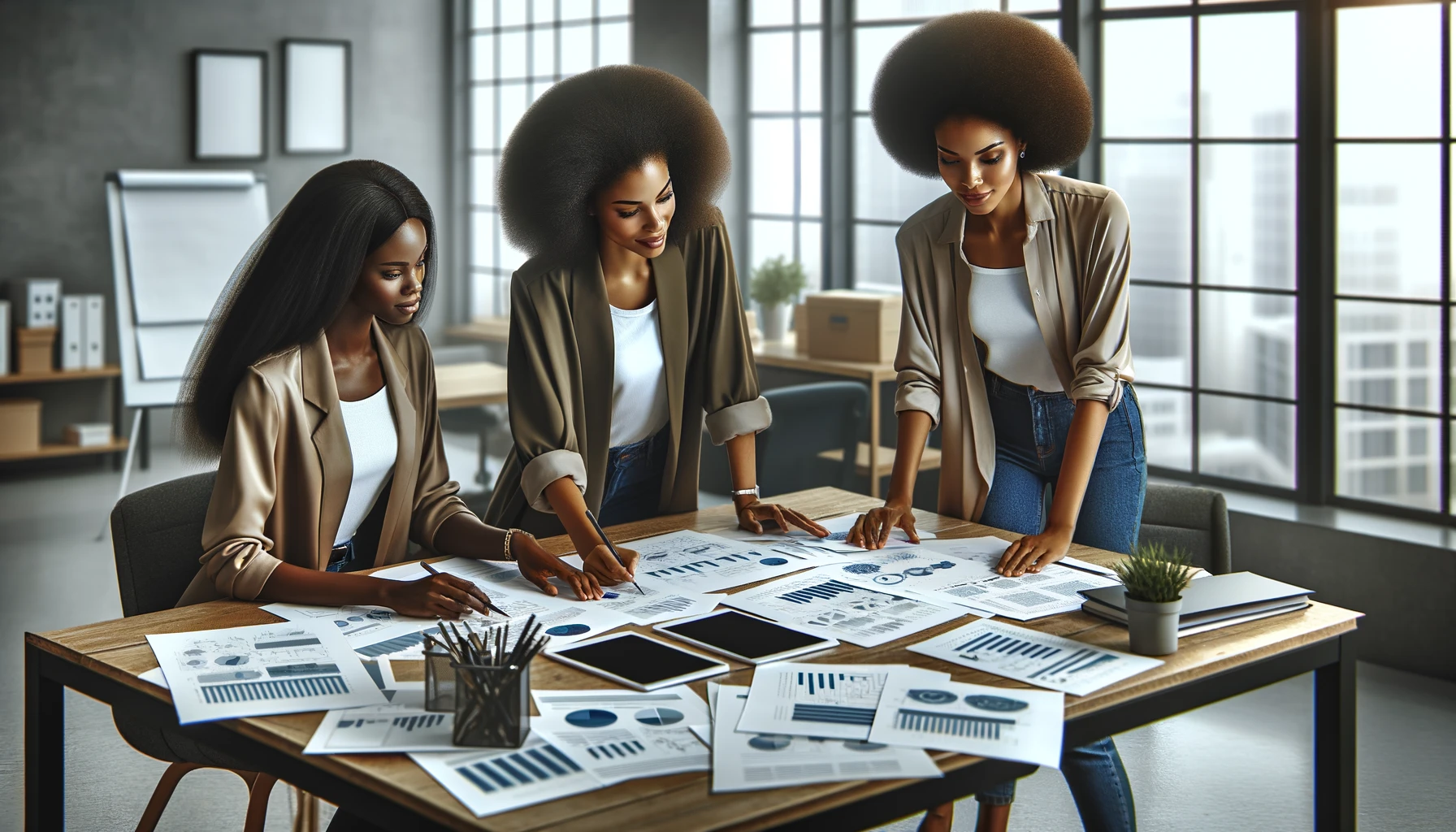 teamwork, collaboration, and planning featuring three black women with documents, paperwork and a design strategy in an office setting