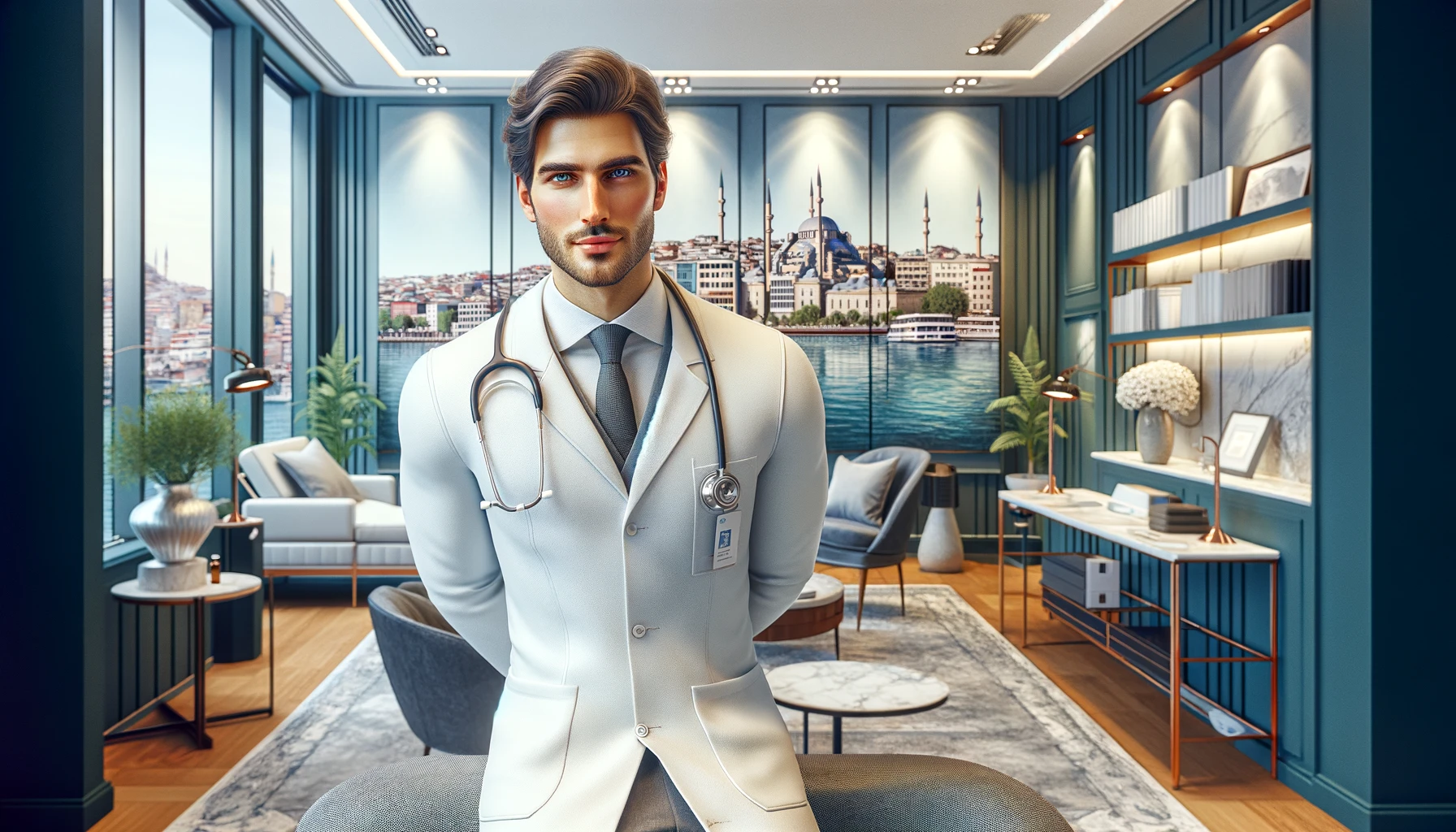 a handsome doctor specializing in plastic surgery, situated in an office environment in Istanbul