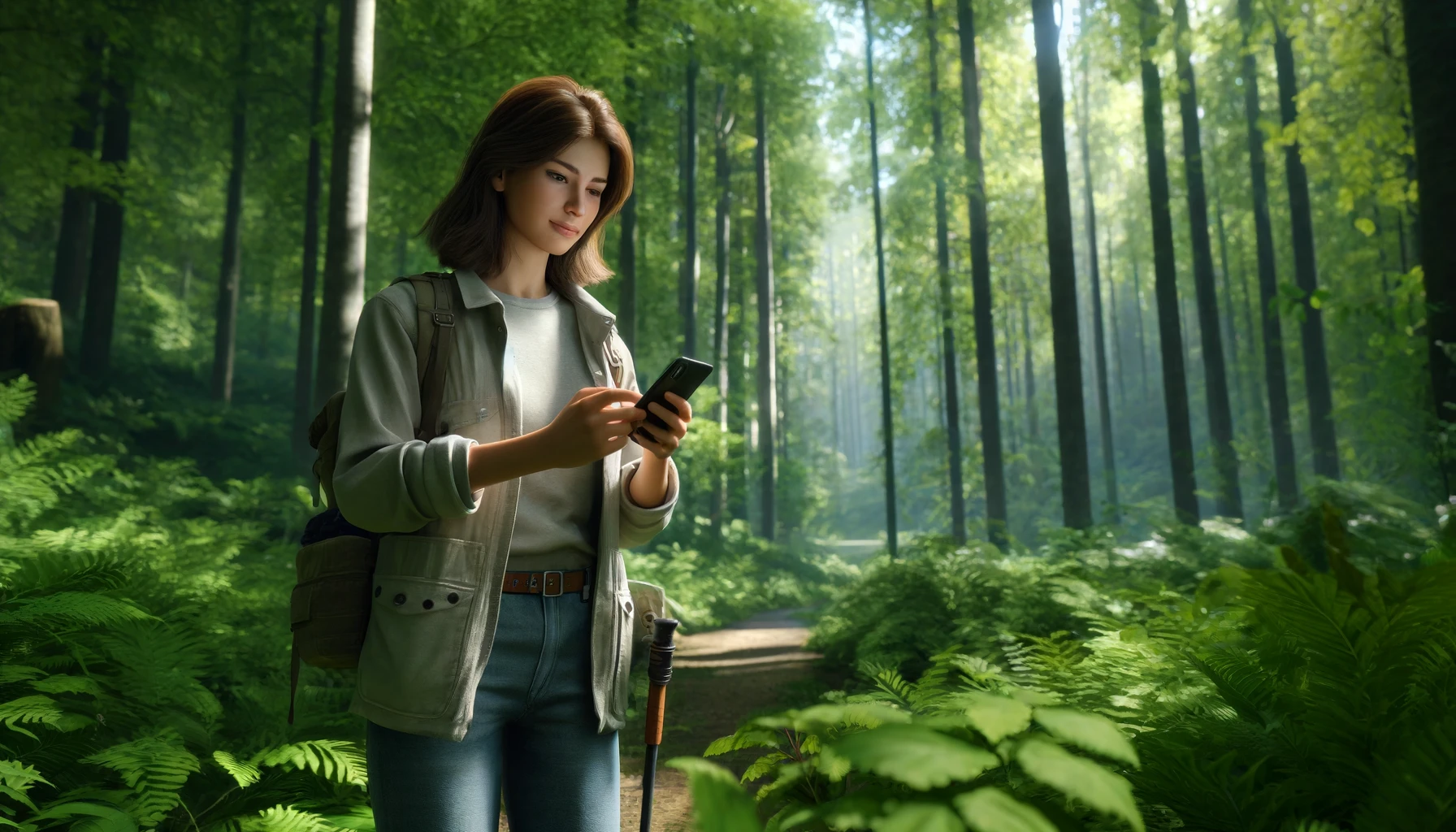 a woman standing in a lush green forest, holding a smartphone in her hands. She is wearing casual hiking attire, including a light jacket and jeans.