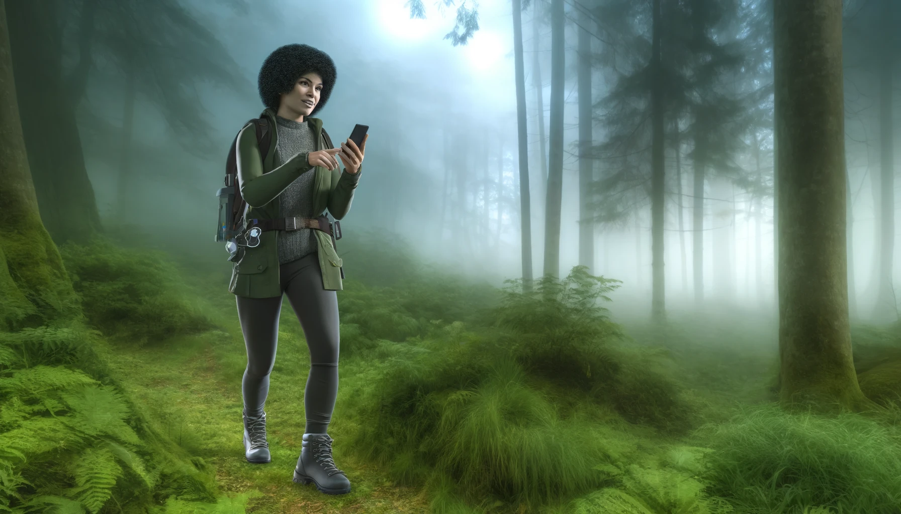 a woman walking through a misty forest, holding a smartphone in her hands. She is dressed in outdoor hiking gear, including a waterproof jacket and comfortable boots.