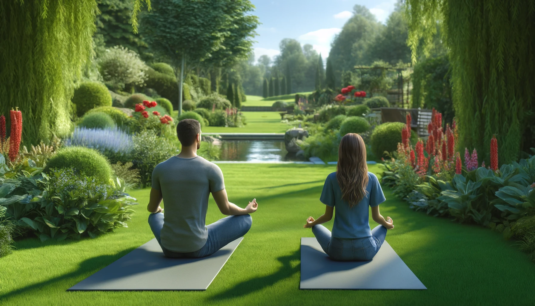 A man and a woman meditating in a park near a pond sitting on yoga carpets.