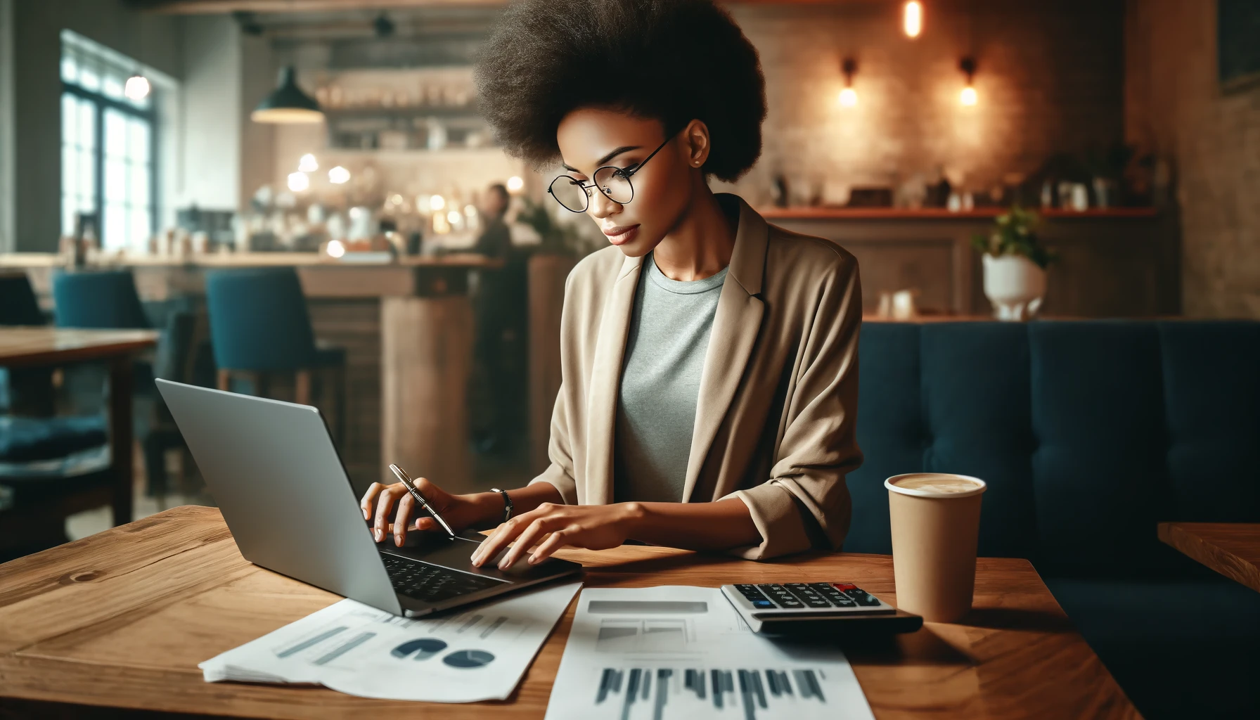 a young African American woman sitting at a cafe with her laptop open, managing her personal finances.