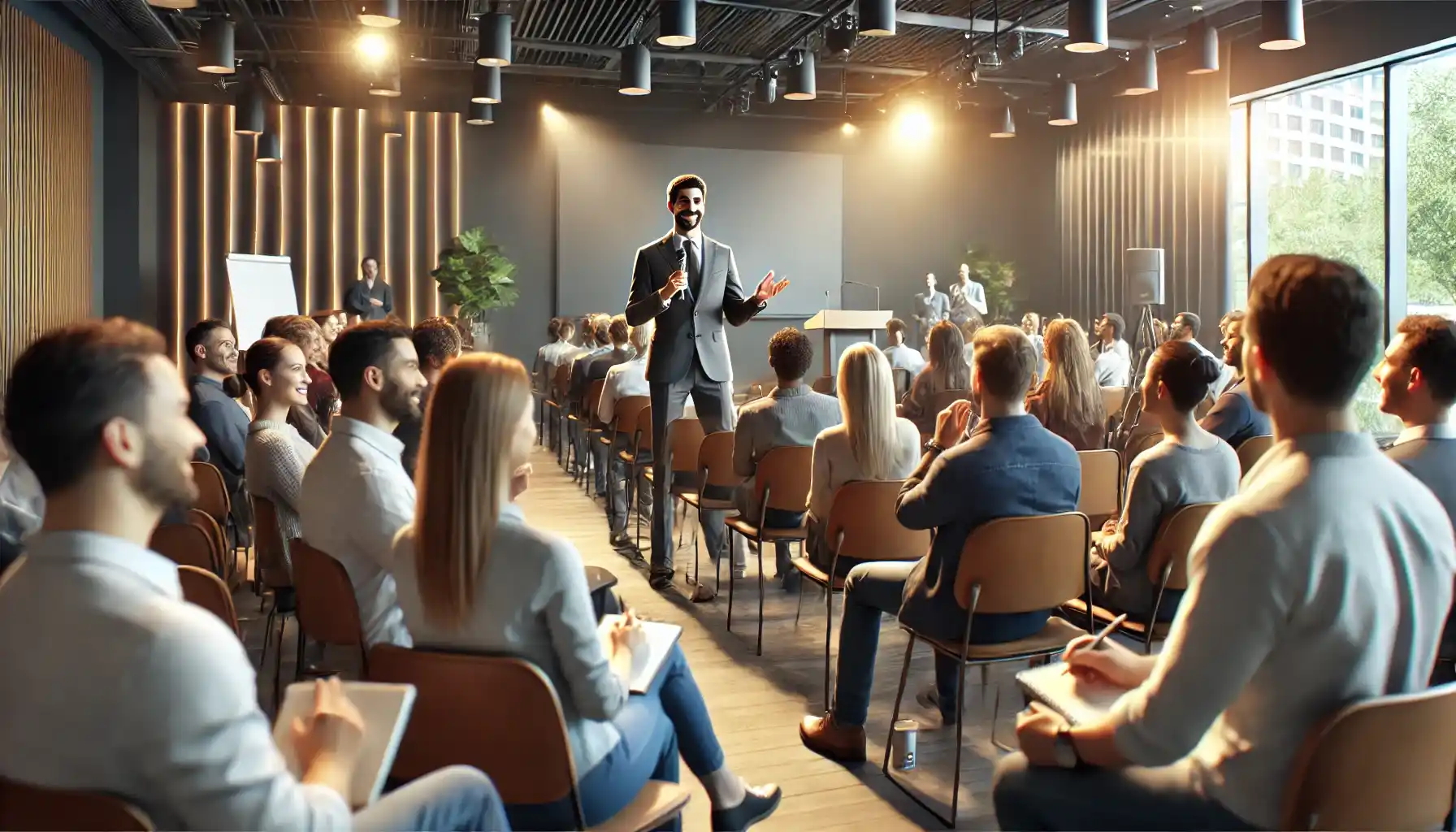a confident speaker delivering a presentation on a well-lit stage. The audience is engaged, some taking notes, while the speaker uses natural gestures and maintains eye contact.
