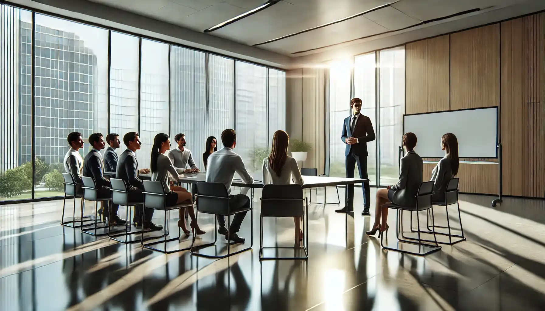 a small group of individuals practicing public speaking in a modern conference room.
