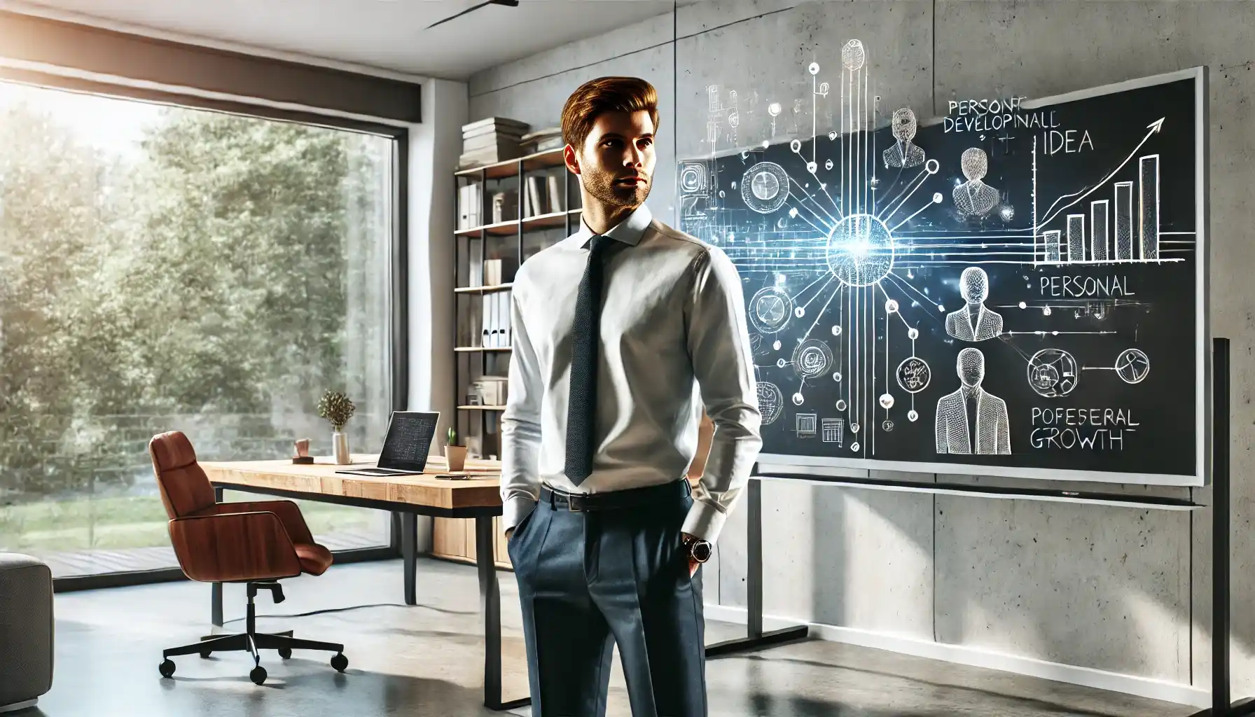 a male professional in a modern workspace, standing confidently by a whiteboard filled with diagrams and ideas, symbolizing personal and professional growth.