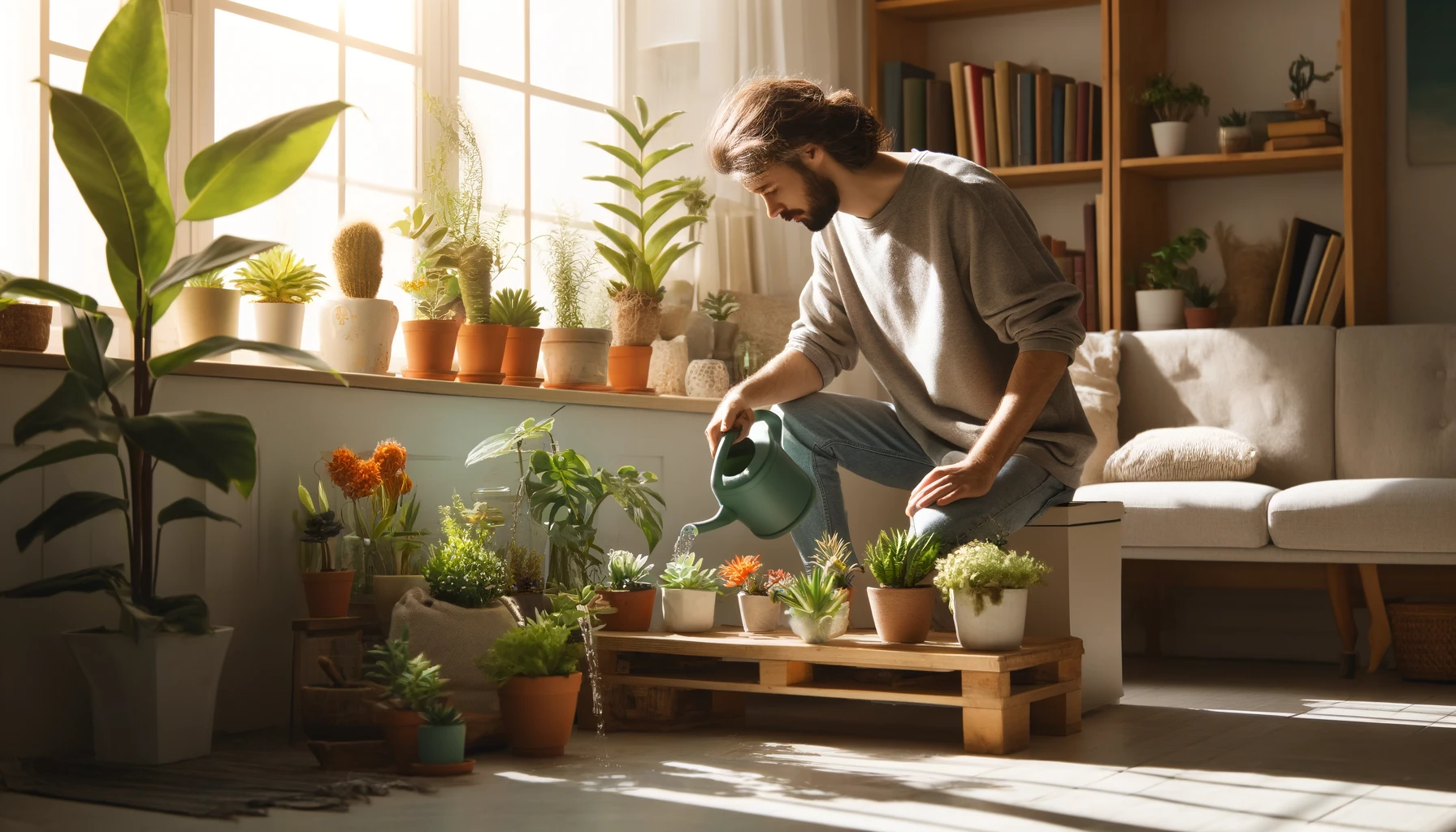 A man tending to a variety of indoor plants on a windowsill in a bright, cozy living room. He is watering the plants and appears relaxed and content.