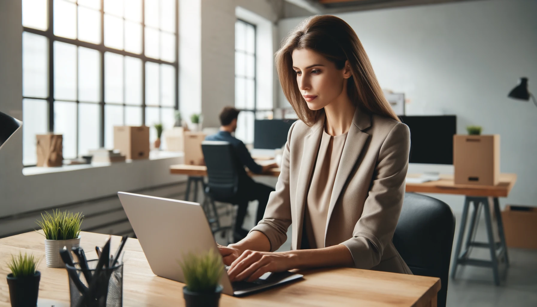 a woman with long dark hair working on her laptop in an office.