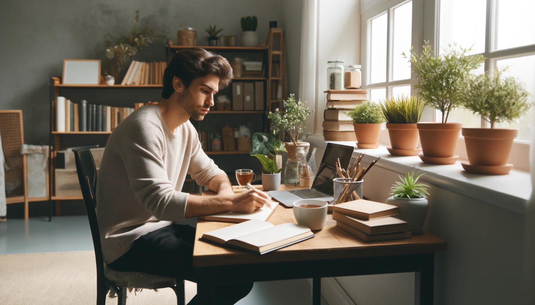 A man sitting at a cozy desk in a well-lit room, writing in a journal. The desk has a few potted plants, a cup of tea, and a laptop.