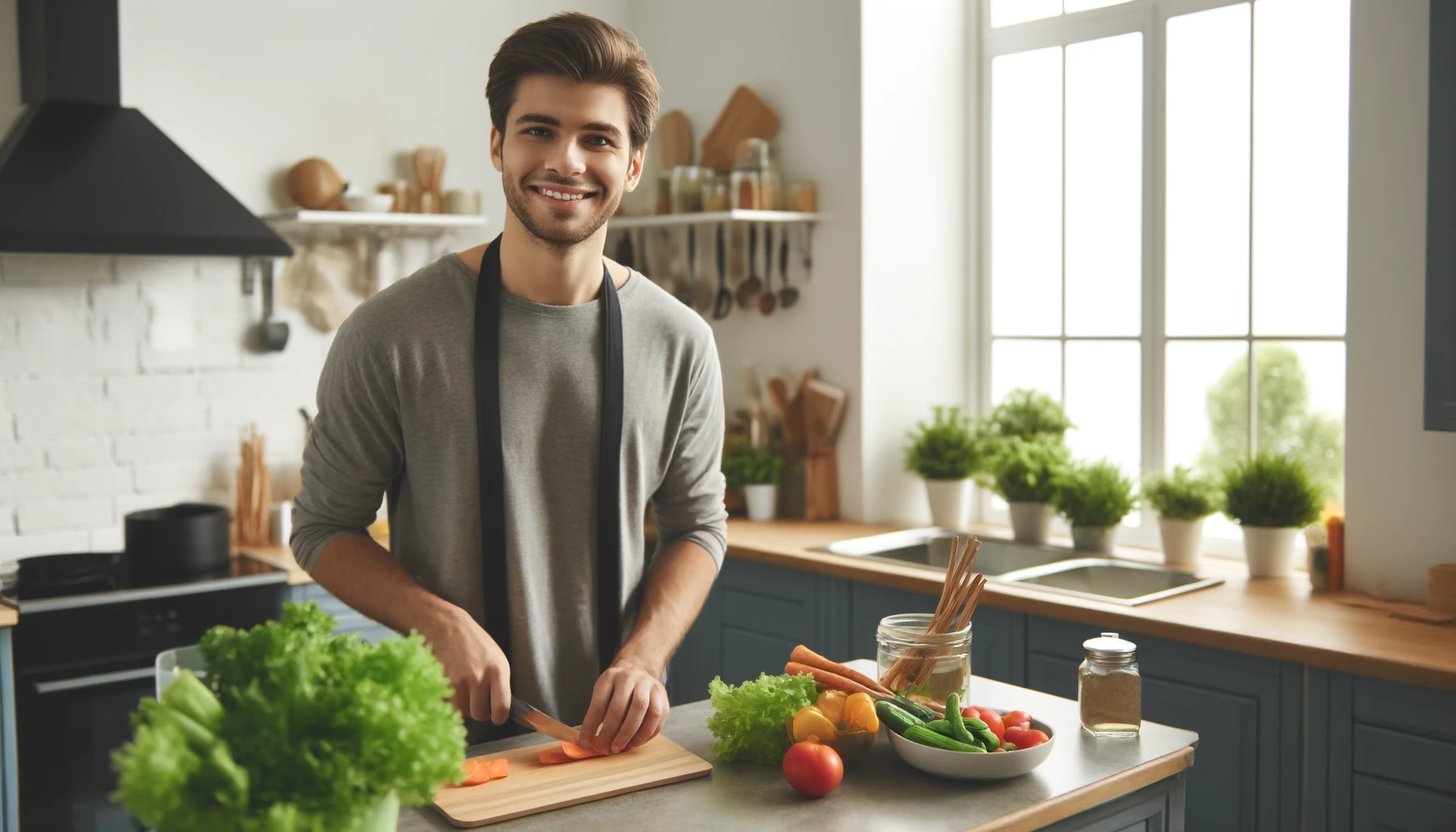A man standing in a kitchen, smiling and preparing a healthy meal.