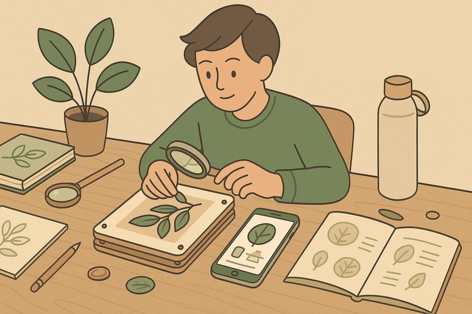 A student puts a leaf on a plant press.
