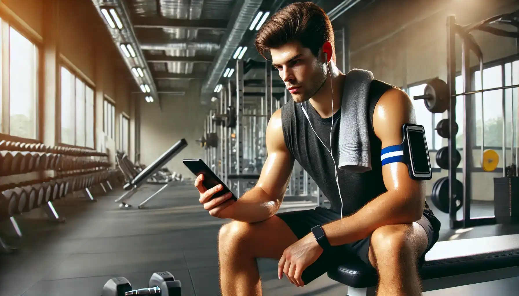 A man in a gym is sitting on a workout bench and recording his training results in a mobile app on his smartphone.