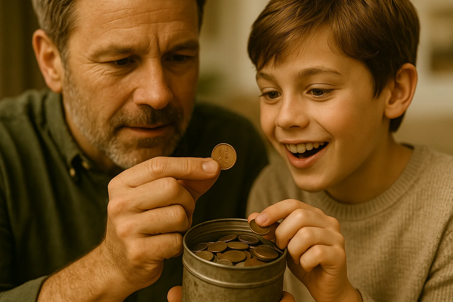 A father and his young son sort through an old jar of coins, with the boy excitedly holding up a wheat penny his dad pointed out.