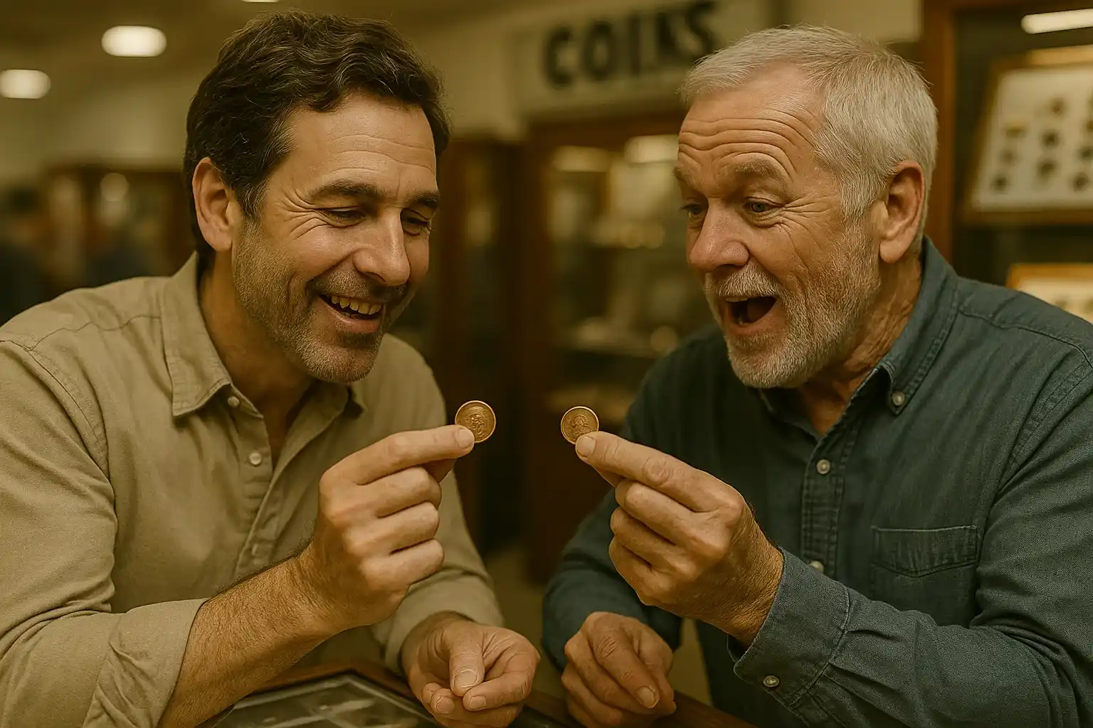Two middle-aged men stand at a coin show display, animatedly comparing small 1950s wheat pennies in their hands.