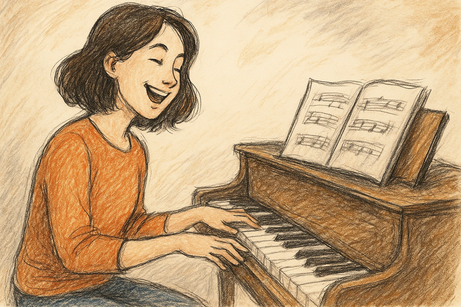 Woman plays piano happily.