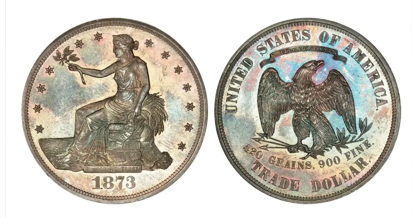 obverse and reverse of 1873 T$1 Trade Dollar